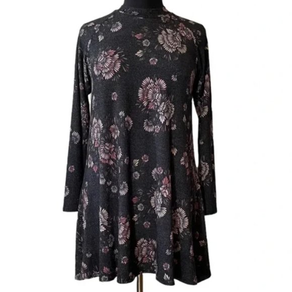 Whimsygoth Mock Neck Jersey Knit Swing Abstract Floral Mini Dress - Picture 1 of 15